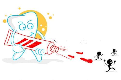 Cartoon Tooth Shooting Toothpaste at Bacteria